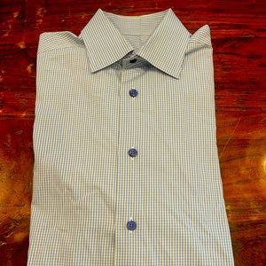 David Donahue dress shirt. 15.5, 34-35. Blue, green check.